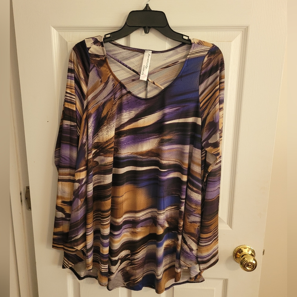 American Curvy Purple and Brown Abstract Top Blouse